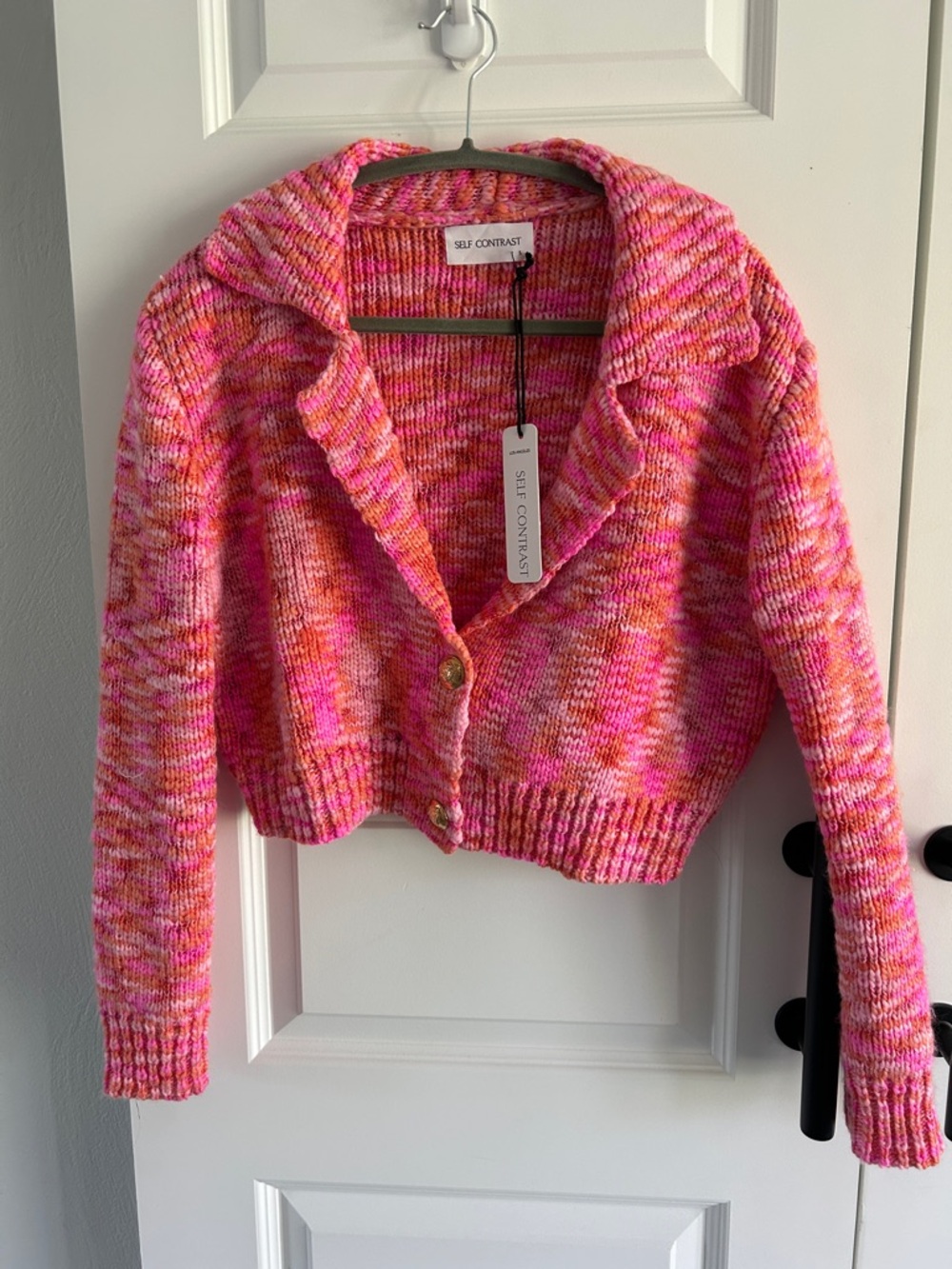 Anthro Self Contrast Tropical Pink Cropped Button Cardigan‎ Sweater small